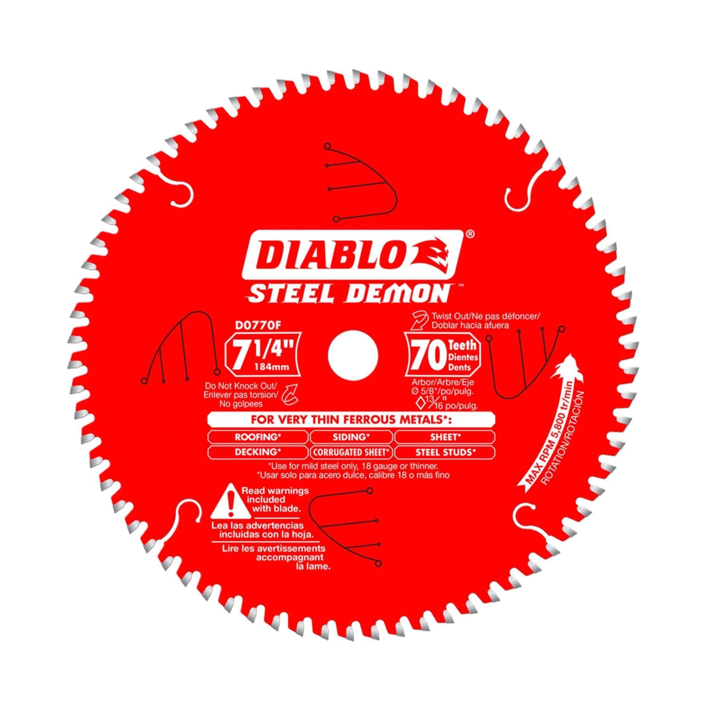 Red 7-1/4 inch circular saw blade, white serrated edges with text Diablo Steel Demon, featuring 70 teeth, TiCo Hi-Density Carbide, and Triple Chip Grind for thin ferrous metals. Includes Diablo logo and safety warnings. Product Name: DIABLO D0770FA Saw Blade for Metal.